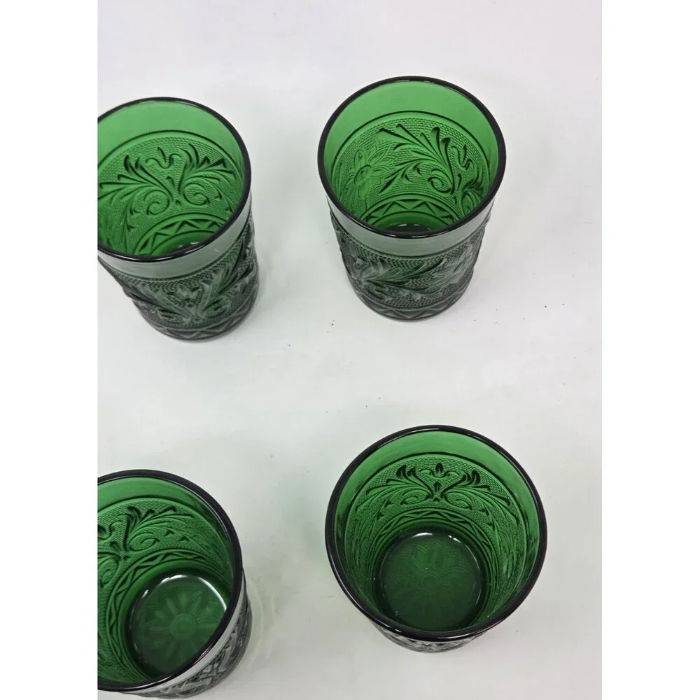 Anchor‎ Hocking Forest Green Sandwich Pattern Tumblers Set 6 Vintage 1950s Glass